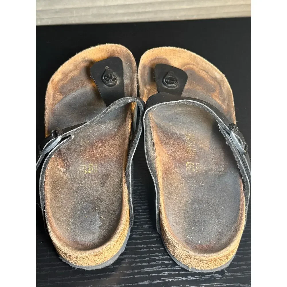 Birkenstock Gizeh Black Leather Thong Sandals EU39 US 8 Narrow Footbed